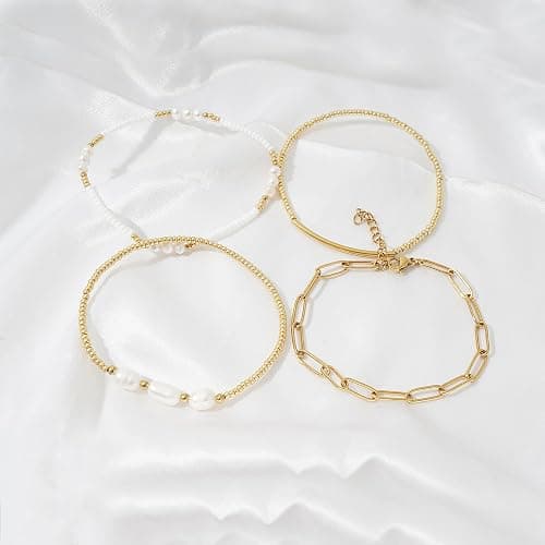 DiSiTino Gold Plated Beaded Bracelets for Women Stackable Set, Elegant Delicate Paperclip Link Stretch Chain Summer Bracelet Dainty Trendy Pearl Jewelry Birthday Gift thumbnail 5