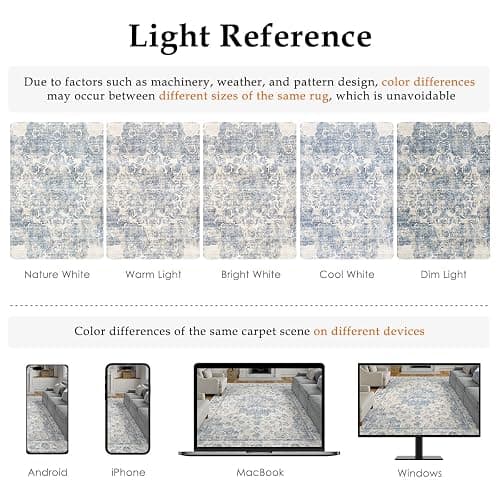 WondRg 8x10 Washable Neutral Area Rug Blue Vintage Living Room Bedroom Carpet Non-Slip Soft Low Pile Farmhouse Indoor Large Throw Rug for Dining Room Office thumbnail 9