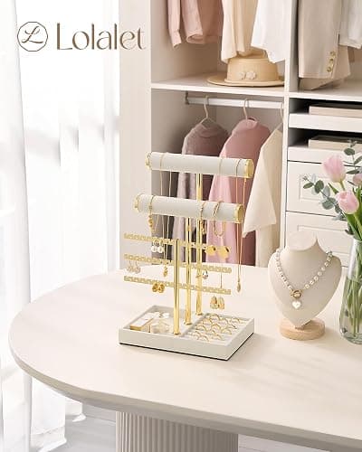Lolalet 5 Tier Jewelry Stand Holder, Bracelet Necklace Display -Beige | PU Leather Hanging Jewelry Rack with Storage Tray, Ring Watch Bangle Earring Organizer, Gifts Dorm Room Decor for Women Girls thumbnail 2