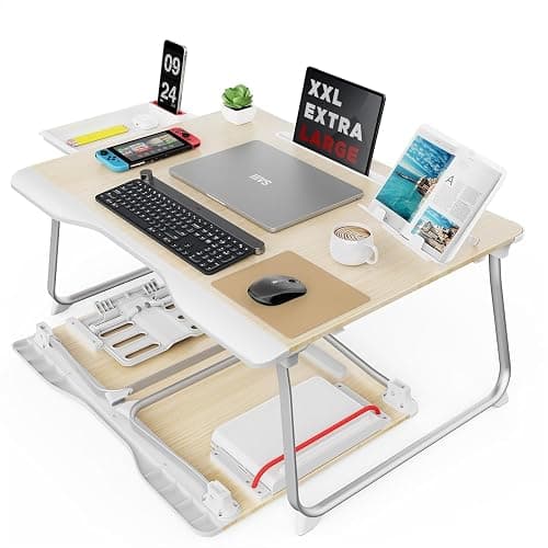 SAIJI Folding Bed Desk for Laptop, Eating Breakfast, Writing, Gaming, Extra Large 25.6" x 19.3" Portable Floor Stand Laptop Desk Table for Adult,Kids, Wood Bed Tray Table Lap Desk - Image 1