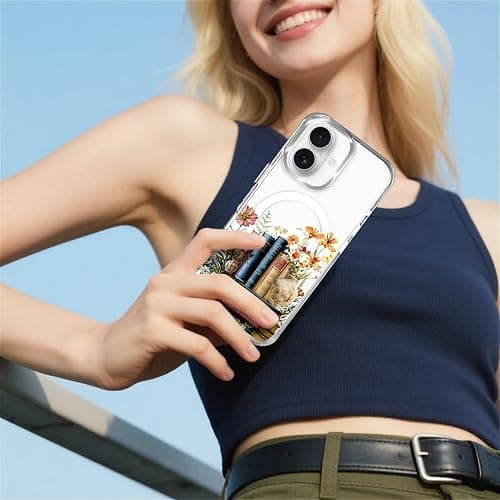 MQJCYB Magnetic Case for iPhone 16 Design On Clear Base, Compatible with MagSafe, Slim Protective Soft TPU Bumper Phone Cover Women Girls Case for iPhone 16 -Clear Book Lover Flower thumbnail 7