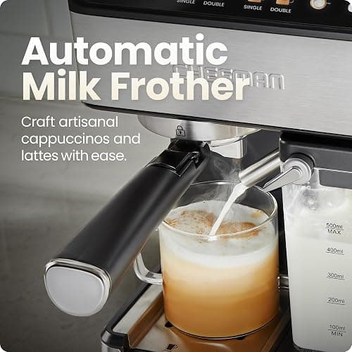 Chefman CaféMaster Pro Espresso Machine, Brew Single or Double Shots, Coffee Maker with Built-In Milk Frother for Cappuccino & Latte, XL 1.8 Liter Removable Water Reservoir - Stainless Steel thumbnail 6