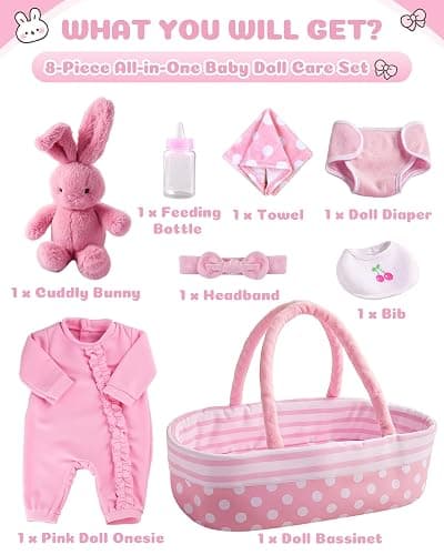 BABESIDE 8 Pcs Baby Doll Accessories, Reborn Baby Dolls Clothes with Bassinet for 17-22 Inch Babydolls, Outfit fit Newborn Babies Dolls Girl, Babies Pretend Play Set (Not Doll) thumbnail 3