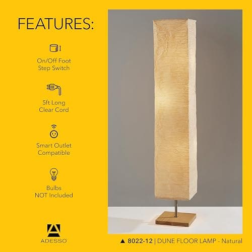 Adesso Three Light Floor Lamp – Natural Wood Base & Adjustable Brightness – Perfect Lighting for Bedroom, Living Room and Corner Decor, Beige thumbnail 6