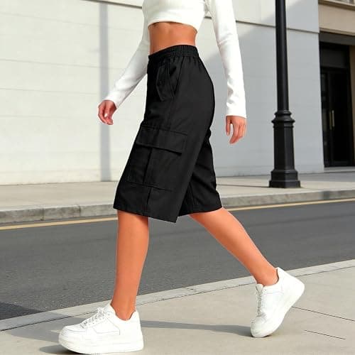 Bermuda Cargo Shorts for Girls Knee Length High Waist Pull On Shorts with Pockets Summer Quick Dry Baggy Biker Trousers Teen Loose Fit Running Hiking Athletic Bottoms thumbnail 3