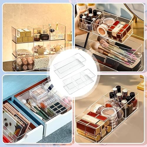 KARBAG Set of 2 Cosmetic Drawer Organiser, 3-Compartment & 1-Compartment Acrylic Makeup Organizer Stackable Organiser Makeup Vanity Organizer Trays Storage for Eyeshadow, Lipstick thumbnail 7