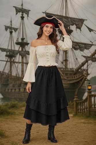 HUSKARY Maxi Skirts for Women Summer Fall High Waist Drawstring Long Skirt Ruffle Layered Medieval Skirts with Pockets thumbnail 5