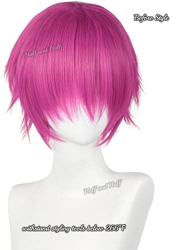 Short Rose Red Anime Cosplay Wig for Men Pink Red Male Wigs with Bangs | Dark Pink Spiky Layered Synthetic Hair Wigs for Unisex Women Halloween Party Costumes thumbnail 6