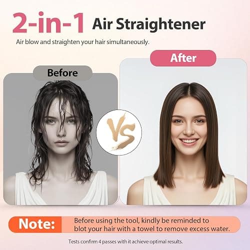 Quico Air Hair Straightener, Airflow Straightener 100-240V Dual Voltage | Air Straight with High-Speed Airflow 5 Temps, 2-in-1 Flat Iron and Hair Blow Dryer Straightener, Less Heat Damage, Pink thumbnail 3