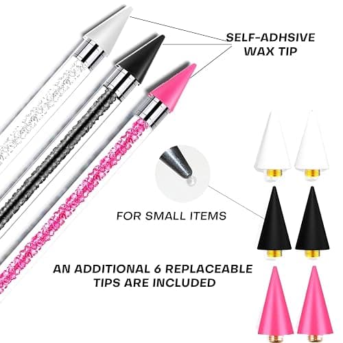 13 Pcs Rhinestone Picker Tool - 3 Pcs Dual-head Pens with 6 Wax Tips, 15 Pcs Clay, Precision Curved and Straight Tweezers Kit for Picking Up Nail Art Gems, Stones, Crystals, and Nail Charms thumbnail 2