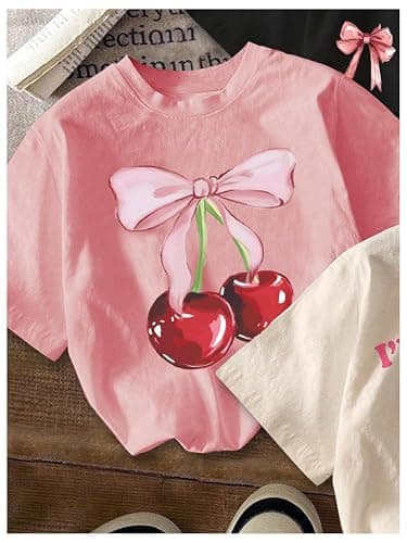 RoseSeek Girl's Bow Cherry Graphic Tees Short Sleeve Crewneck Cute T Shirts Tops for Teens Summer Tops thumbnail 3
