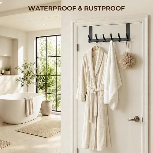 Optish Over The Door Hooks, Door Hanger Hooks for Hanging, Towel Racks for Bathroom with 12 Coat Hook, Coat Rack College Dorm Essentials Bathroom Accessories（1 Pack, Black） thumbnail 6