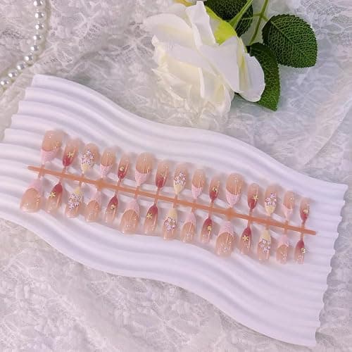30pcs French Tip Press on Nails Medium Almond False Nails Summer Beach Style Seashell Starfish Flower Pattern 3D Handmade French Almond Shape Fake Nail Rhinestones Nails for Women Daily Wear thumbnail 5