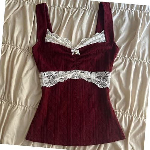 Women Grunge Coquette Tops Y2K Cute Core Vintage Aesthetic Fairy Shirts 2000s Lace Trim Tank Top Downtown Girl Clothes thumbnail 3