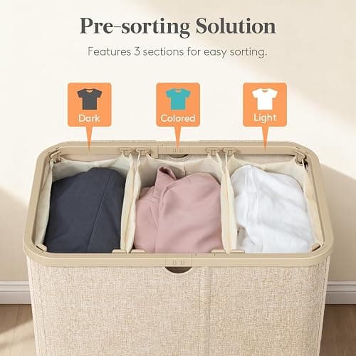 Lifewit 185L Large 3 Section Laundry Hamper with Lid, Plastic Laundry Basket with Bamboo Handles and Removable Bags, Tall Foldable Clothes Hamper for Bathroom Bedroom, Beige thumbnail 3