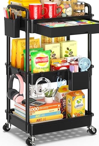 SUNALLY 3 Tier Rolling Cart with Drawer, Craft Storage Cart Organizer,Black | Bathroom Storage Organizer with 2 Lockable Wheels, Rolling Utility Cart for Kitchen, Office, Baby, Makeup, Nail,Snack,Laundry - Image 1