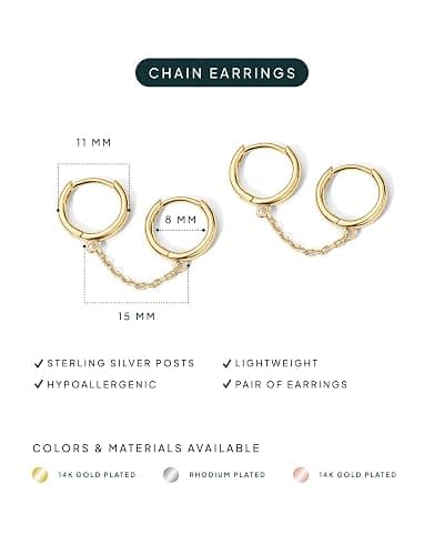 PAVOI 14K Gold Chain Earrings for Women | Double Piercing Dangle Chain Huggie Hoop Earrings | Cubic Zirconia Pearl Stud Ear Cuff Earrings for Women thumbnail 3