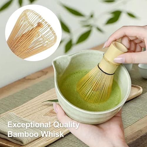 Green Matcha Whisk Making Set - Japanese Tea Kit with Whisk Bowl and Bamboo Scoop Ceramic Chawan with Spout for Traditional Tea Ceremony Complete Matcha Making Tools Gift for Tea Lovers (Green, 5 PCS) thumbnail 4