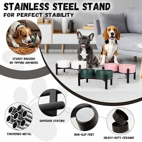 Raised Ceramic Dog Bowl Set - Elevated Double Dishes with Stainless Steel Stand - Food and Water Bowls for Small to Medium Dogs - Each Holds 2 Cups (28.75 fl oz) - Grey thumbnail 3