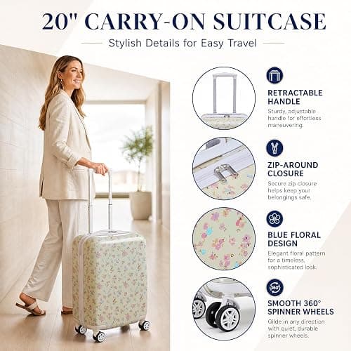 Redbaker 7 Pcs Floral Luggage Set for Women,Beige | 20" Carry Travel Suitcase Quilted Duffel Bag Makeup Bags Neck Cushion & Name Label thumbnail 8