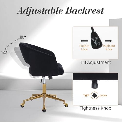 HENGJIANYI Home Office Swivel Desk Chair, Modern Velvet Vanity Chair, Height Adjustable Armchair with Gold Base, Ergonomic Office Chair for Task Study Computer Room, Black thumbnail 6