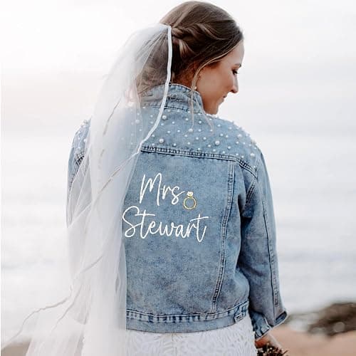 Noni Personalized Embroidered Bride Denim Jacket, Future Mrs Jean Jacket With Pearls, Wedding gifts for Bride thumbnail 3