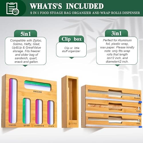 Calmbee 9 IN 1 Storage Bag Organizer for Kitchen Drawer, Bamboo Foil and Plastic Wrap with Cutter, Organizers Compatible Gallon, Quart, Sandwich Snack Size thumbnail 4