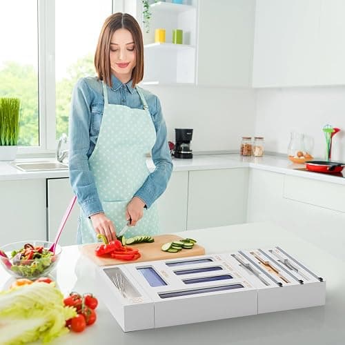 DALSHABET 9 IN1 Bamboo Storage Bag Drawer Organizer with Cutter, Foil and Plastic Wrap Dispenser for Kitchen Storage Compatible with All Brands Gallon, Quart, Sandwich & Snack Size Bags - White thumbnail 2