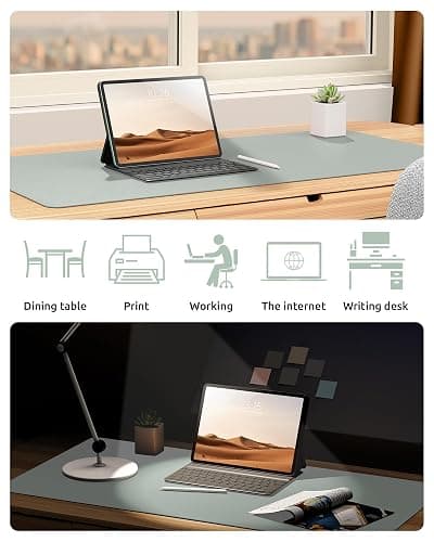 YSAGi Leather Desk Mat, Large Mouse Mat, Non-Slip Desk Pad, Waterproof Leather Table Protector Writing Pad for Office and Home (60 x 35 cm, Grayish Green) thumbnail 6