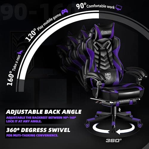 Vonesse Gaming Chair, Big and Tall Gaming Chair with Footrest and Massage, Gaming Chairs for Adults with Lumbar Support, Ergonomic High Back Computer Chair with Pocket Spring Cushion (Purple/Black) thumbnail 6
