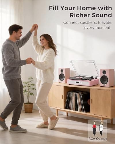 VICTRESS Vinyl Record Player, Built-in Dual Speakers, Anti-Vibration, Pink | Vintage Vinyl Player, 3-Speed Bluetooth Turntable with USB Recording & Playback, 5 EQ Modes, RCA Out, LED Display, Auto Stop thumbnail 9