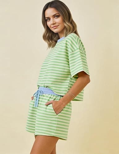 MISSACTIVER Womens Lounge 2 Piece Sets Summer Striped Matching Pajamas Set Short Sleeve Oversized T Shirts Drawstring Shorts thumbnail 3