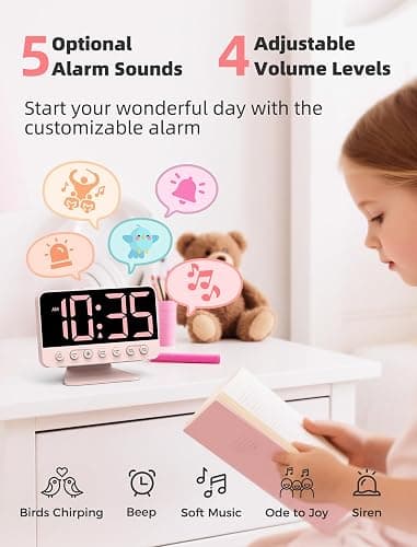 Odokee Digital Alarm Clocks for Bedrooms: Large Bold Number 5 Brightness Dimmer - Easy to Read Across The Room - 5 Alarm Sound 8 Night Light - Sakura Pink thumbnail 3
