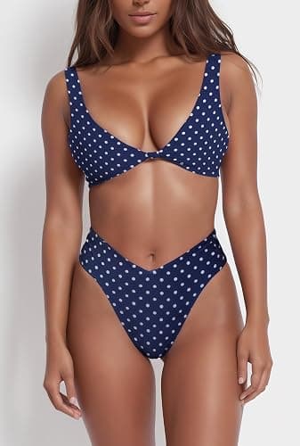 geluboao Bikini Set for Women Solid V Neck Knot Front Push Up High Leg Thong Two Piece Swimsuit thumbnail 2