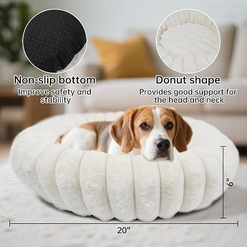 Vhen When Donut Dog and Cat Bed, Luxurious Comfortable Faux Rabbit Fur Pet Beds, Round Anti-Anxiety Calming Puppy Kitten Bed with Anti-Slip Bottom for Small Medium Dogs & Cats(20", White) thumbnail 4