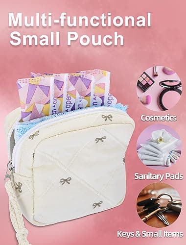 SERTRI Quilted Bow Period Bag, Period Pouches for Teen Girls Women(Beige) | Tampon Holder for Purse Sanitary Bags, Feminine Product Sanitary Napkin Storage Bag, Pad Bag Pouch Period Gifts for Girls thumbnail 4