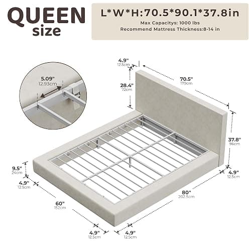RECCI AirFrame Queen Bed Frame with Headboard, Cloud Upholstered Platform Bed Frame, 5 Inch Foam Cushioned, No Box Spring, Easy Assembly(Beige Chenille) thumbnail 2