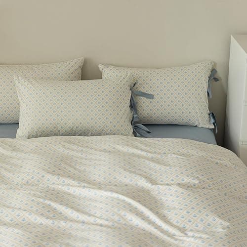 VM VOUGEMARKET Full Duvet Cover with Blue Flower Prints,100% Cotton Bedding Set,Yellow Plaid Grid Comforter Cover with Zipper Closure,80x90 Inch thumbnail 5