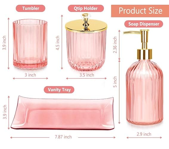 Haturi Bathroom Accessories Set, 4 Pcs Pink Glass Bathroom Accessories Sets Complete w/Lotion Soap Dispenser, Toothbrush Holder, Apothecary Jar, Vanity Tray, Bathroom Decor, Gift for Home Apartment | Kit w/ Bathroom Soap Dispenser Set, Toothbrush Holder, Qtip Holder, Vanity Tray, Pink Bathroom Decor, Gift for Home Apartment thumbnail 3