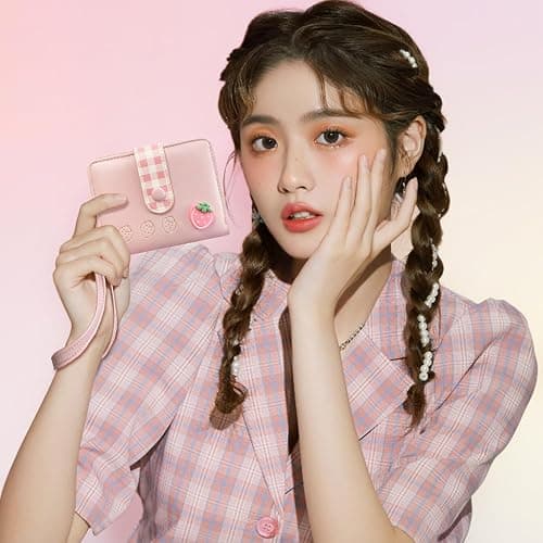 Sunwel Fashion Strawberry Wallet Card Holder Small Cute Wallet Zipper Coin Pocket Wallet for Women Girls (PINK) thumbnail 2