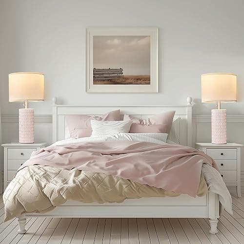Reaketon Table Lamps for Living Room Set of 2, Ceramic Table Lamps for Bedroom, 20" Modern Lamps for Night Stands, Pink thumbnail 3