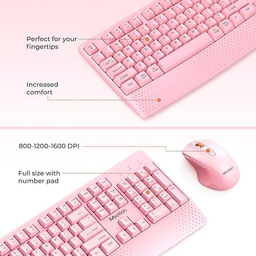 MEETION Wireless Keyboard and Mouse, Full-Sized Cordless Keyboard with Wrist Rest, 3 DPI Adjustable Mouse, Keyboard and Mouse Set with 2.4GHz USB Receiver, for PC/Computer/Laptop/Windows/Mac, Pink thumbnail 3