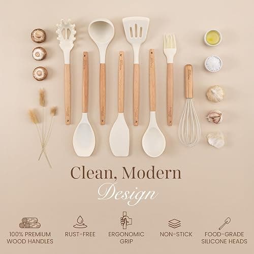 Kitchen Non Stick Cooking Utensils Set – Heat Resistant Silicone Utensils with Wooden Handle – Ladles, Spoons and Spatulas Set – Kitchen Tools & Accessories – 35pcs, Cream – by Nuovva thumbnail 9