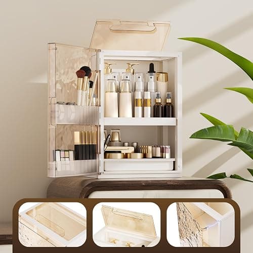 AERCIINC Makeup Organizer with Drawers,Skincare Organizer for Vanity,Large Cosmetic Display Case with Handle,Storage Organizers with Cover and Makeup Brush Holder for Dresser, Bathroom Countertop thumbnail 4