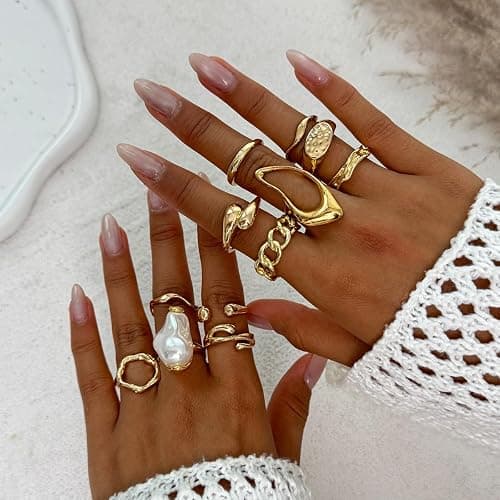LKingel Chunky Gold Rings for Women Gold Baroque Pearl Rings Open Adjustable Pearl Ring Stacking Knuckles Rings Set Boho Prom Costume Fashion Jewelry for Women 2025 thumbnail 3