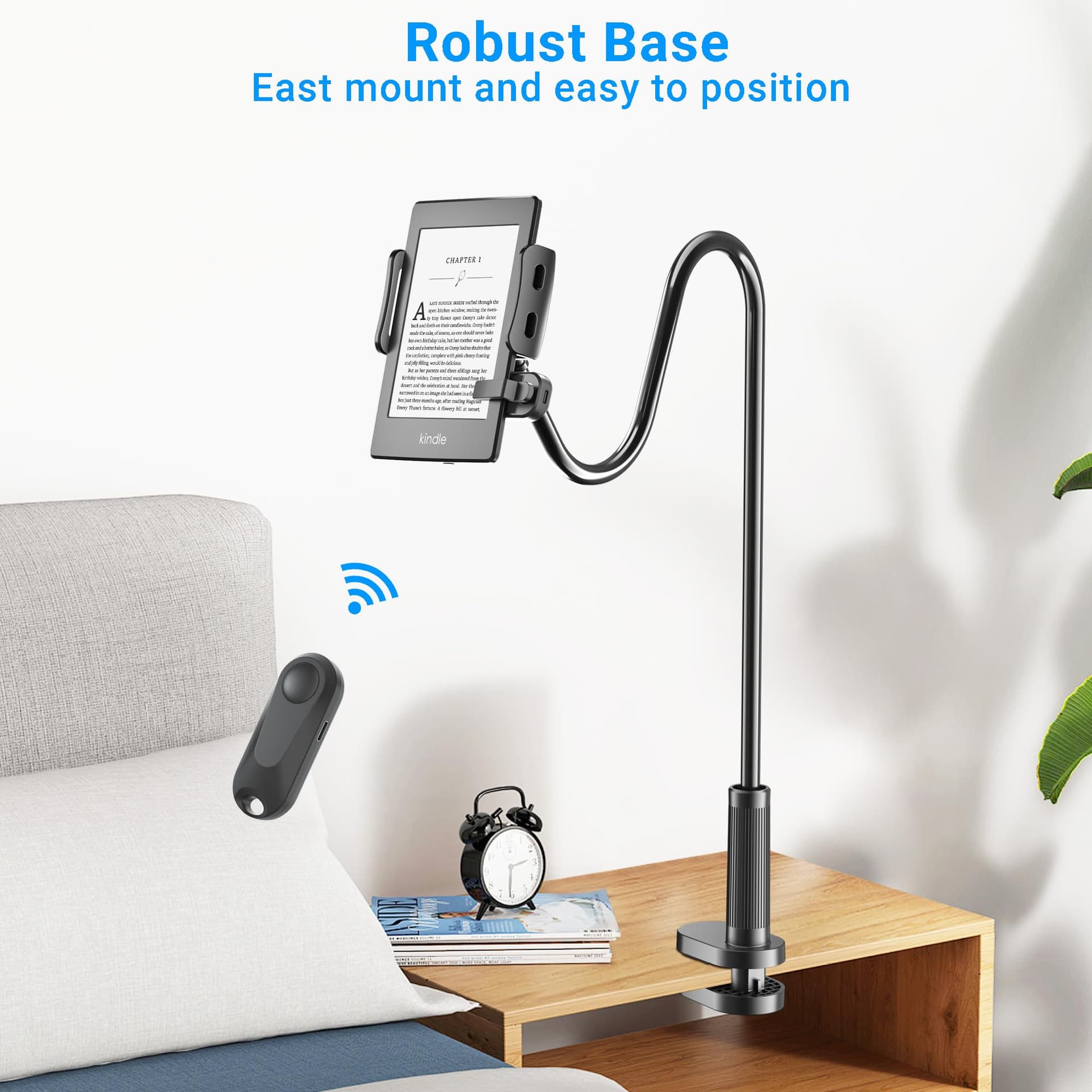 Gooseneck Tablet Holder for Kindle Reading in Bed with Remote Page Turner, Hands Free Desk Bedside Lazy Arm Stand for Kindle Accessories, Gifts for Readers thumbnail 3