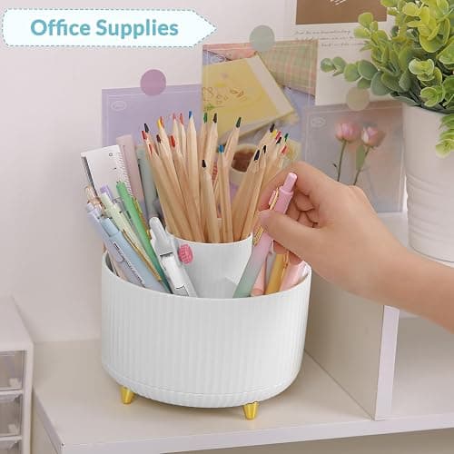 SKYDUE 360 Rotating Organizer - Dual-Purpose Pen & Pencil Holder with 5 Slots, Suitable for Office, School, or Home (White) thumbnail 2