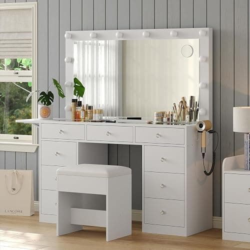 Vanity Desk with Power Outlet, 9 Drawers Makeup Vanity with Mirror and 12 LED Lights, 3 Lighting Modes, Glass Top Vanity Set, Fold-up Panel, Dressing Table for Bedroom thumbnail 3