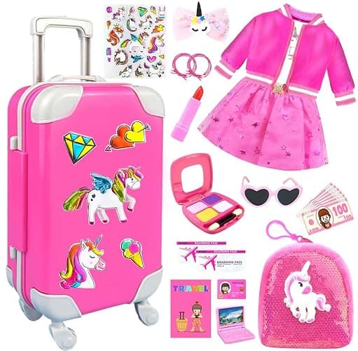 BNUZEIYI 23Pcs 18 Inch Girl Doll Accessories Case Luggage Travel Play Set with Doll Clothes Cute Bag Computer Glasses Pretend Makeup Toy Stickers Doll Stuff Fit 18 inch Doll Christmas Birthday Gift - Image 1