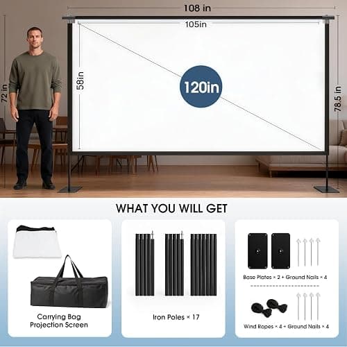 Projector Screen with Stand, 120 Inch Indoor Outdoor Portable Projection kit All-Metal Frame Wrinkle-Free 16:9 4K HD Front/Rear Movie Screen with Carry Bag for Home Theater Backyard Movie Night thumbnail 6